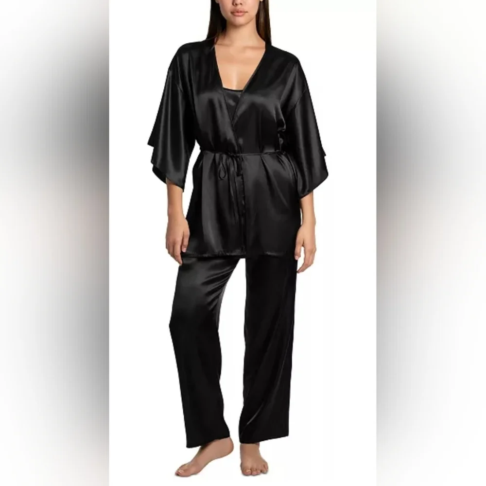 Nwt Linea Donatella 3pc  Black Satin Fringe Sleep PJ Set